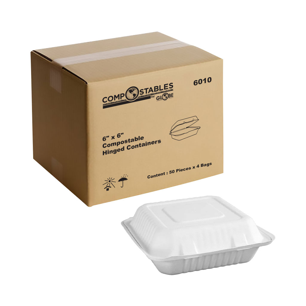 Globe Commercial 6010 Container Hinged 6"x 6" Bagasse