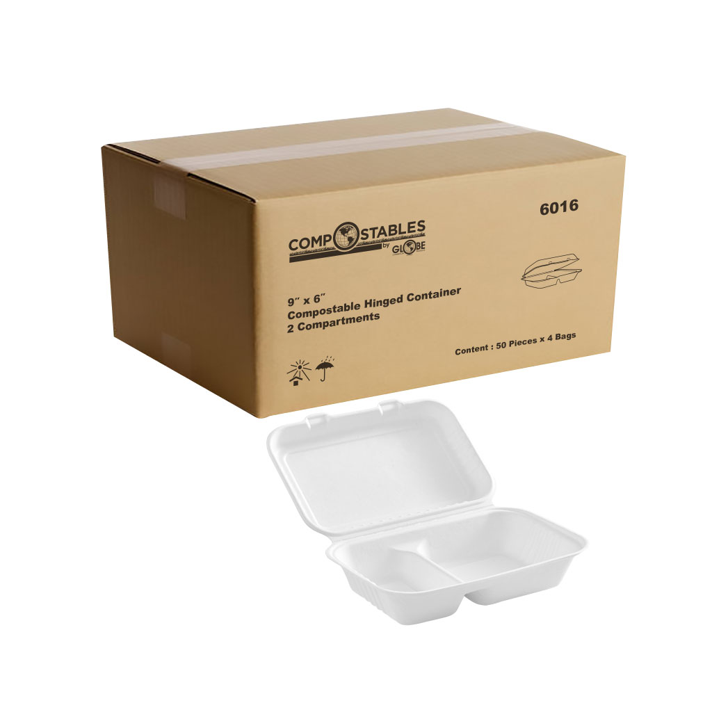 Globe Commercial 6016 Container Hinged c/w 2 Compt Bagasse