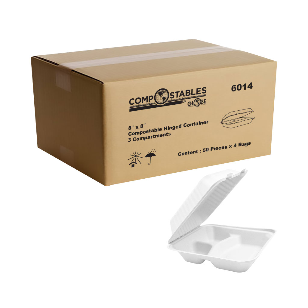 Globe Commercial 6014 Container Hinged c/w 3 Compt 8"x 8" Bagasse