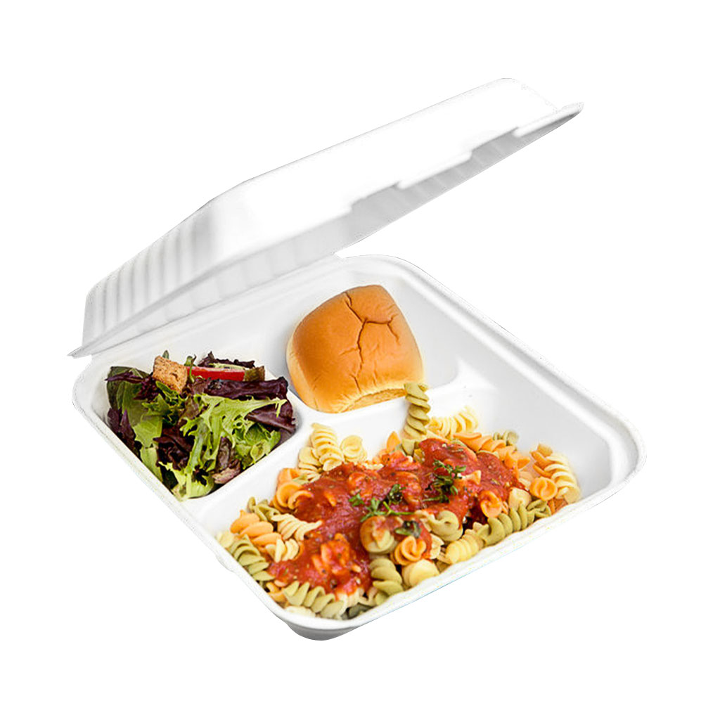 Globe Commercial 6015 Container Hinged c/w 3 Compt 9"x 9" Bagasse