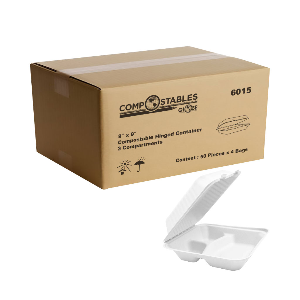 Globe Commercial 6015 Container Hinged c/w 3 Compt 9"x 9" Bagasse