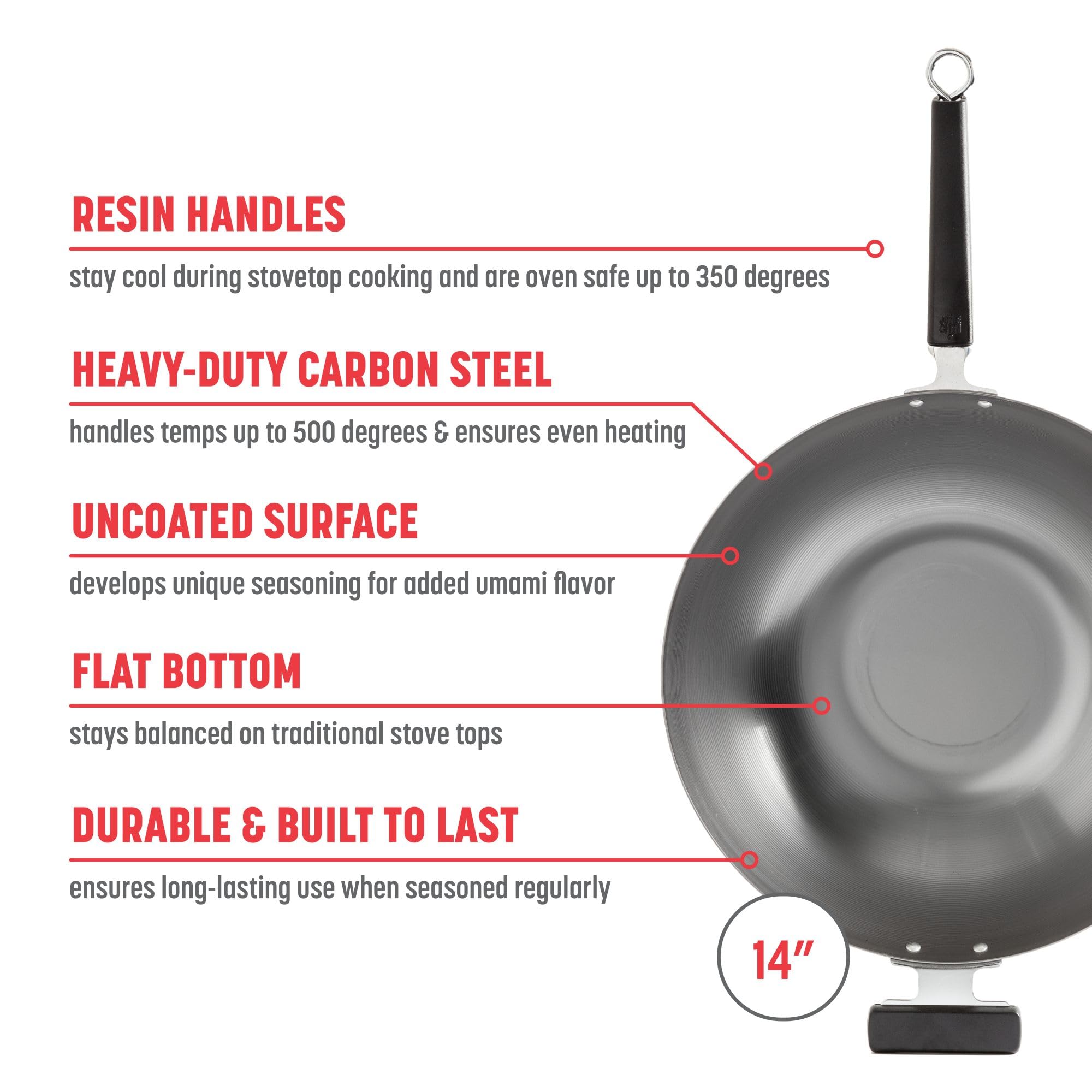 Joyce Chen J22-0060 Wok 14" Carbon Steel Uncoated Flat Bottom with Plastic Handles