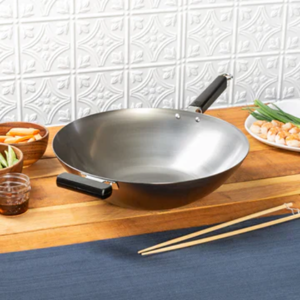 Joyce Chen J22-0060 Wok 14" Carbon Steel Uncoated Flat Bottom with Plastic Handles