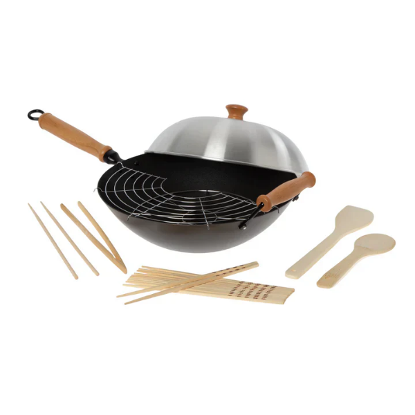 Joyce Chen Professional Series 10 Piece Nonstick Flat Bottom Wok Set, 14", Carbon Steel/Maple 