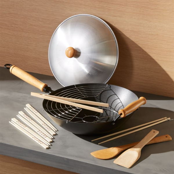 Joyce Chen J22-9938 Professional Series 10 Piece Nonstick Flat Bottom Wok Set, 14", Carbon Steel/Maple