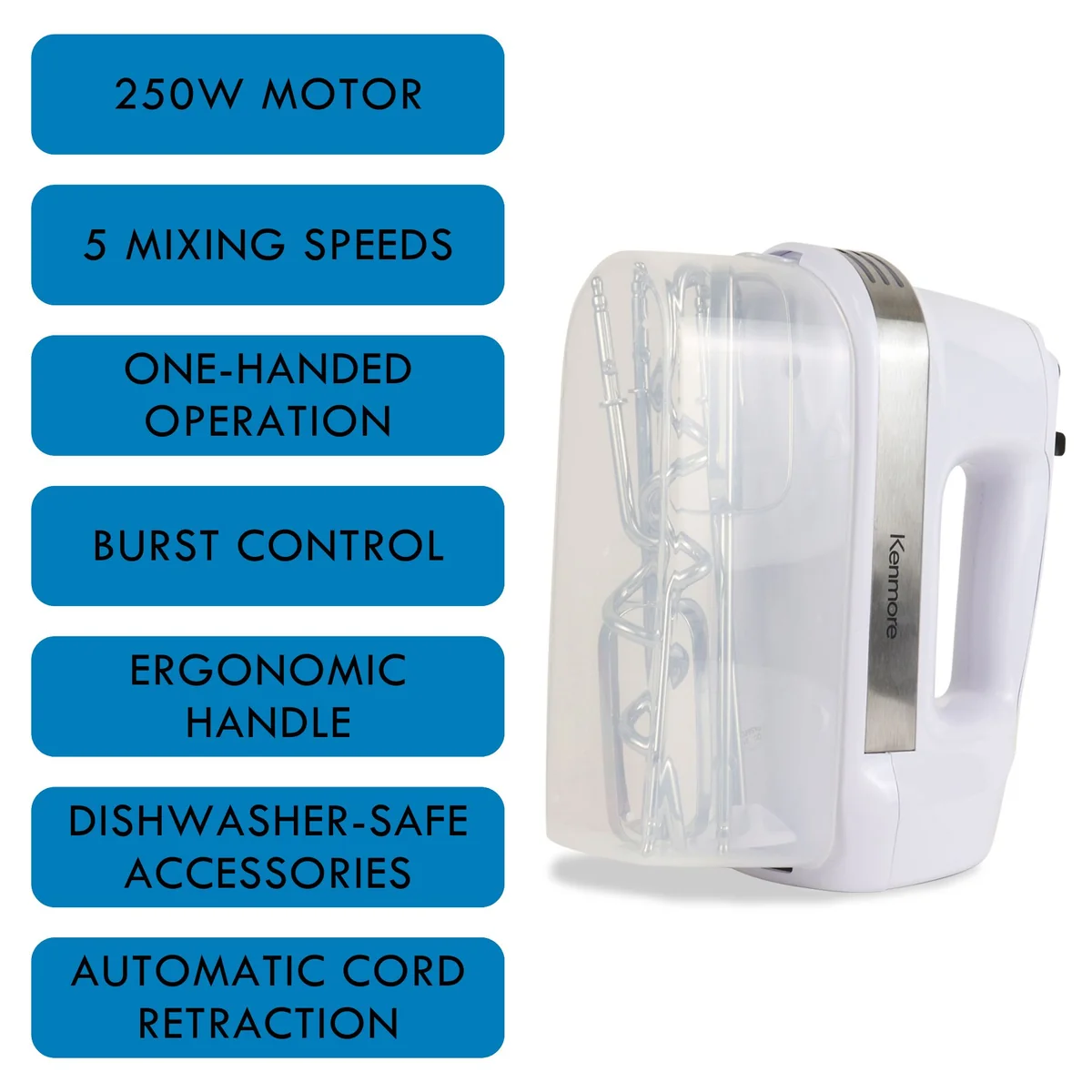 Koolatron Kenmore KKHM5 Hand Mixer 5 Speed - c/w 2 Beaters, 2 Dough Hooks, & 1 Blending Rod