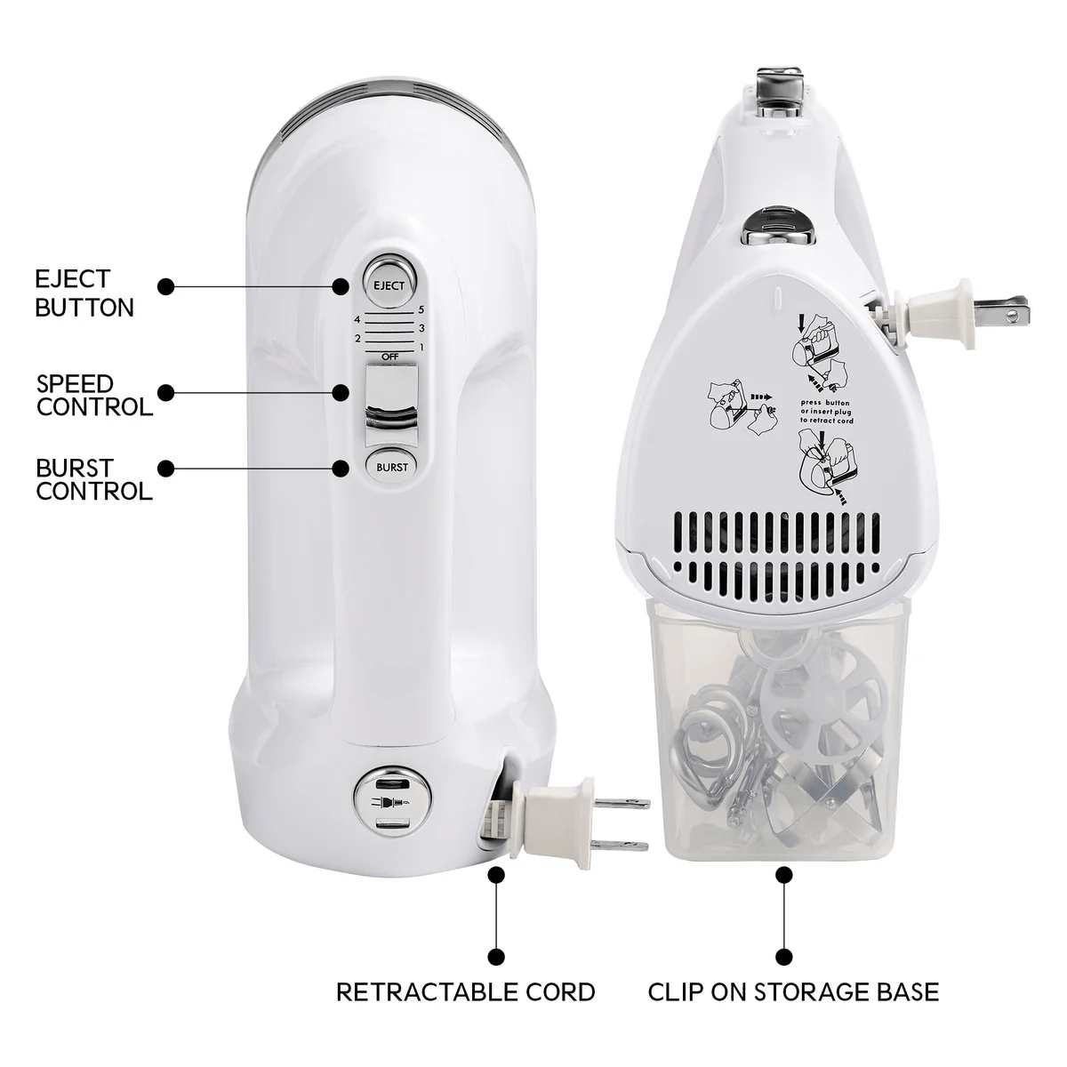 Koolatron Kenmore KKHM5 Hand Mixer 5 Speed - c/w 2 Beaters, 2 Dough Hooks, & 1 Blending Rod