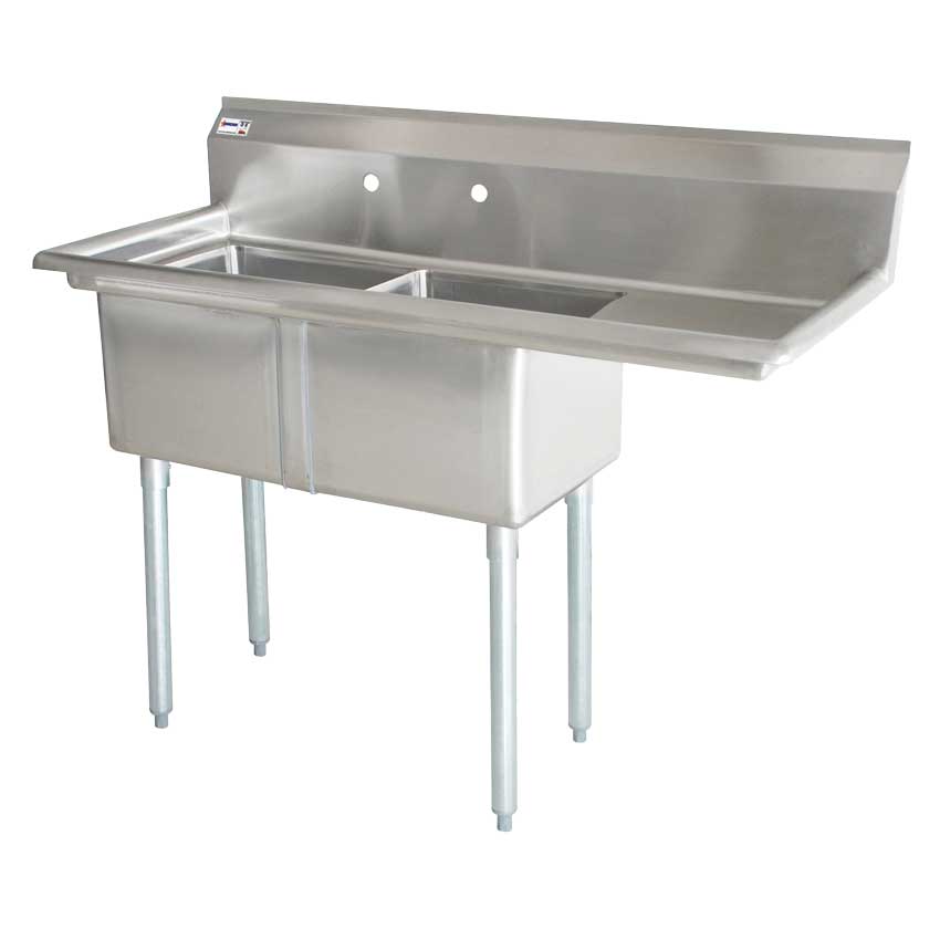 Omcan 25257 Two Tub Sink with Corner Drain and Right Drain Board 24"x24"x14"